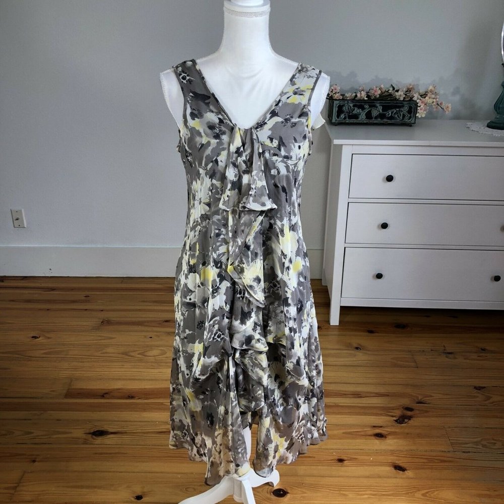 Teri Jon Floral Ruffled Silk Chiffon Dress 6 Gray